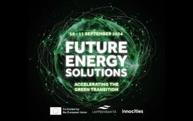 A green globe with threads around it. Texts Future Energy Solutions. Accelerating the Green Transition. Logos: EU flag and text Co-funded by the European Union, Lappeenranta, Innocities
