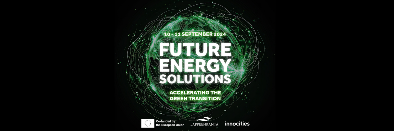 A green globe with threads around it. Texts Future Energy Solutions. Accelerating the Green Transition. Logos: EU flag and text Co-funded by the European Union, Lappeenranta, Innocities.